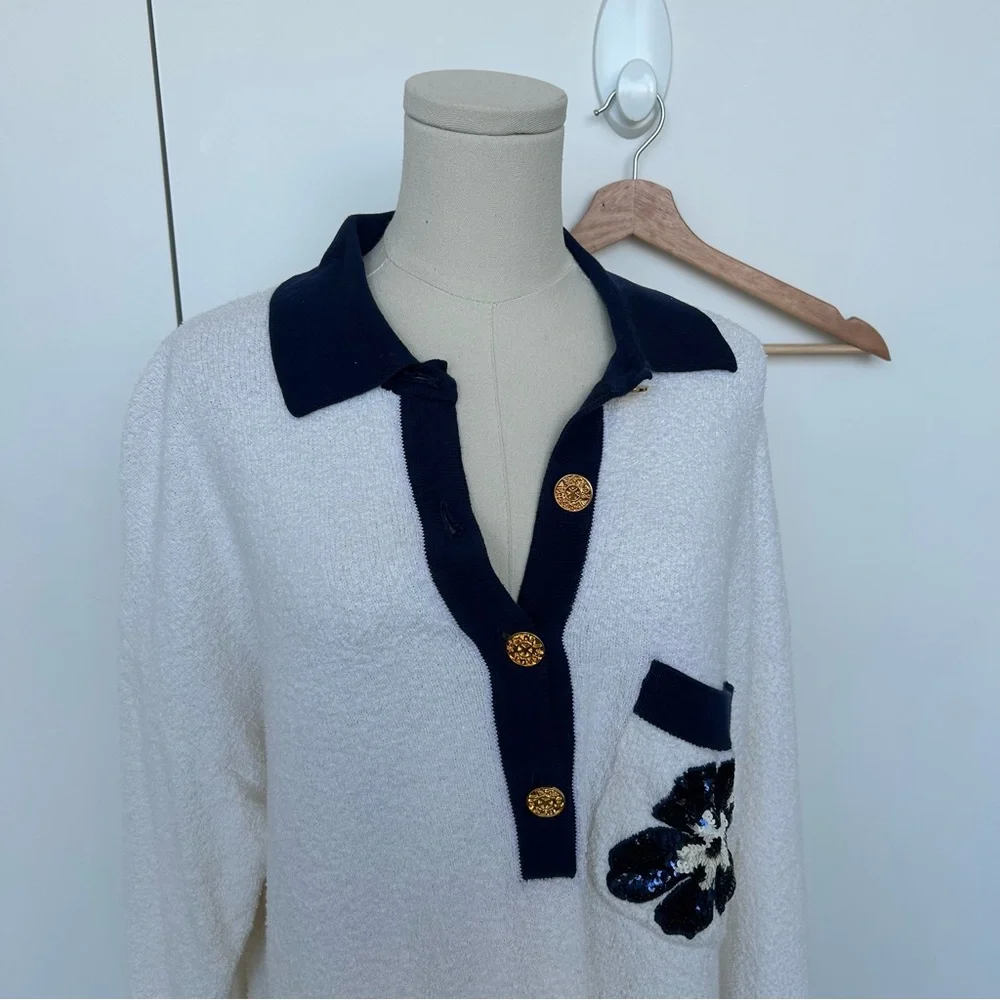 Vintage Escada White & Navy Terry Sequin Collar Button Up Long Sleeve Polo - Picture 5 of 16